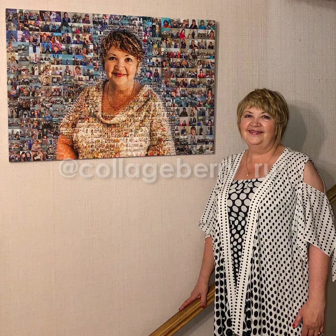 Женщина рядом со своим портретом из фотографий
